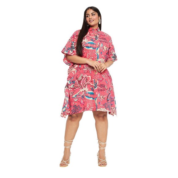 Gypsie Blu Floral Printed Short Caftan Dress Plus Size Button Down Cotton Tunic - Picture 3 of 9